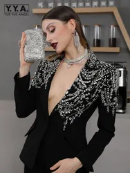 Women Luxury Diamonds Black Blazers Deep V Lapel Elegant Slim High Waist Single Button Fashion Office Ladies Party Suit Jacket