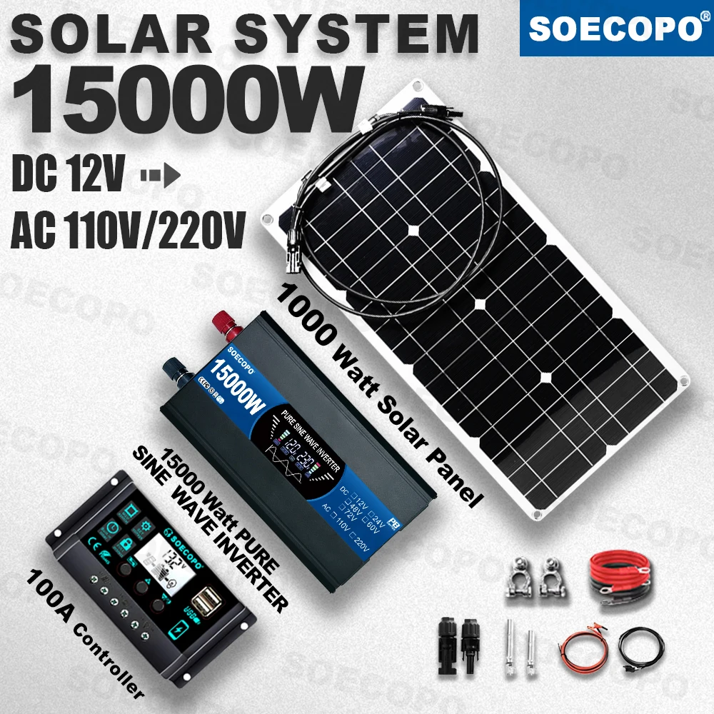 Pure Sine Wave Inverter 15000W Solar System Kit 100A Controller DC12V AC 110V 220V Flexible Panel for RV Boat Camp Backup Radio