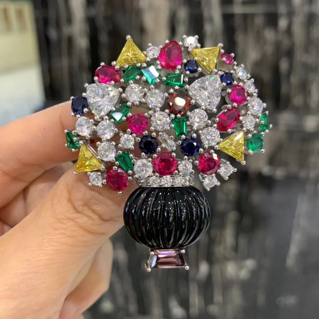 

vintage vase brooch multi color 925 sterling silver with cubic zircon fine women jewelry free shipping 50*45MM