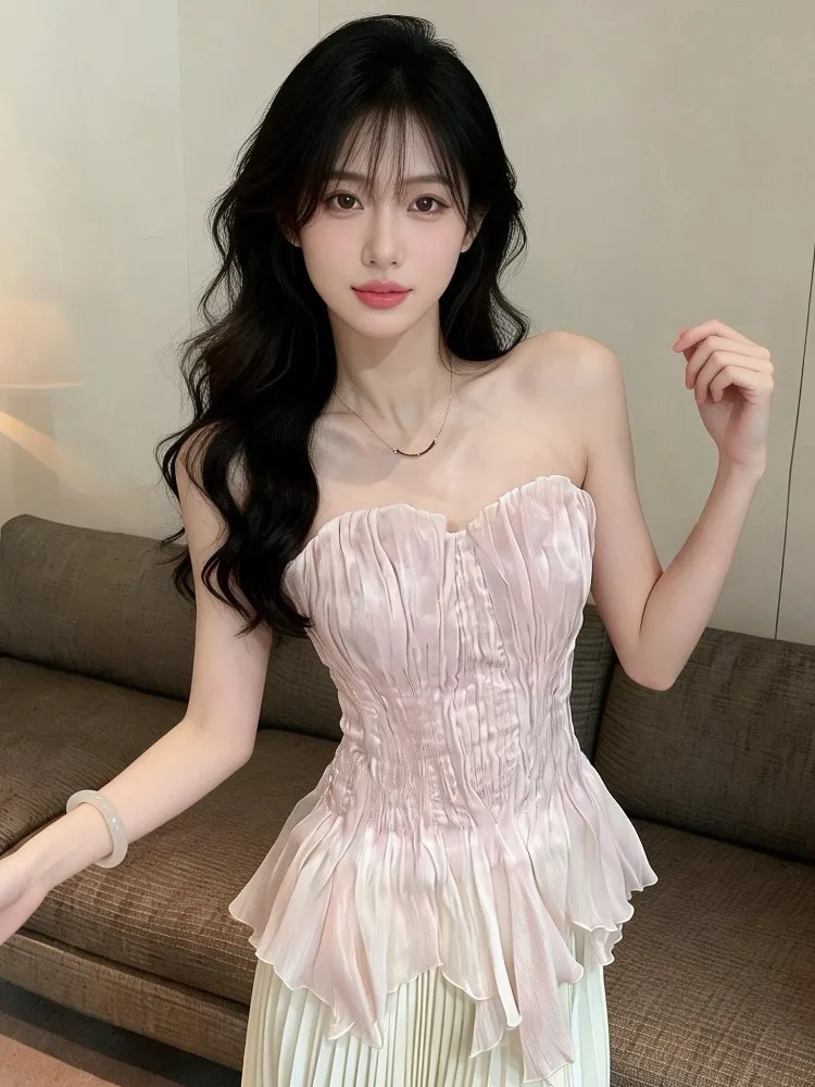 

Slim Fit Short Top Women's Summer Pure Desire Spicy Girl One Shoulder Tube Top Vest Irregular Hem Pleated Waist Cinching