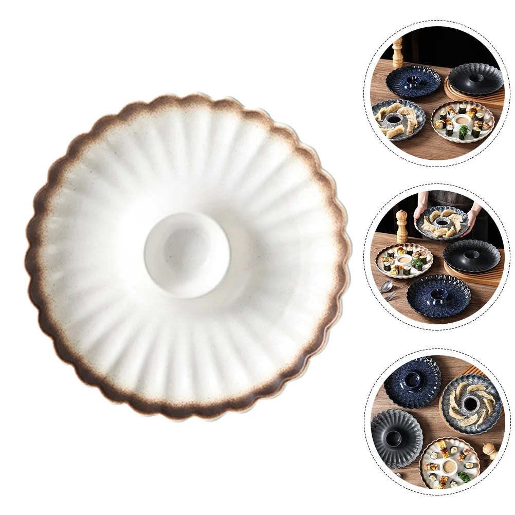 

Round Ceramic Sushi Plate Japanese Style Dipping Sauce Tray Heat Resistant Serving Dish for Sushi Dumplings Snacks