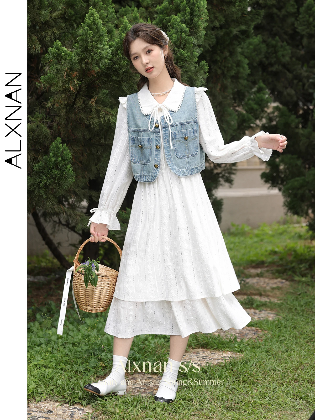 ALXNAN Women Elegant Chic White Dress 2024 Spring Frenchy Double Layer Hem Tie Front Long Sleeve Midi Dresses Clothing L33517