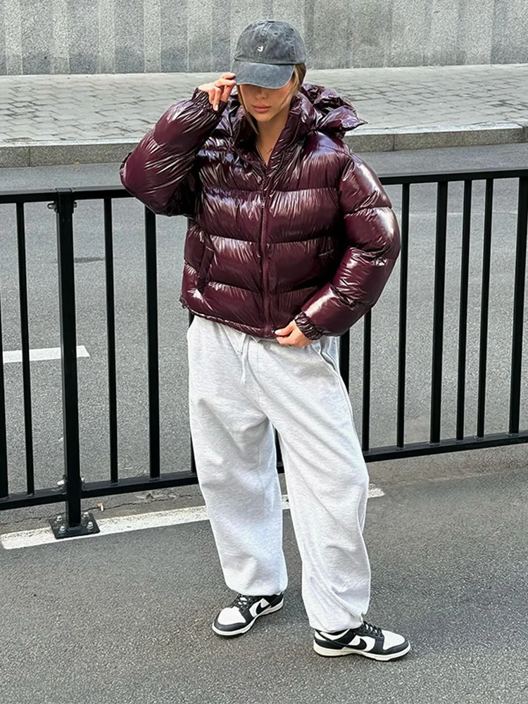 Kurze Glänzende Kapuzenjacke für Damen, Street-Style Stehkragen, Laternenärmel, Lose Passform, Modische Damenjacken, Neue Oberbekleidung – Detail 15