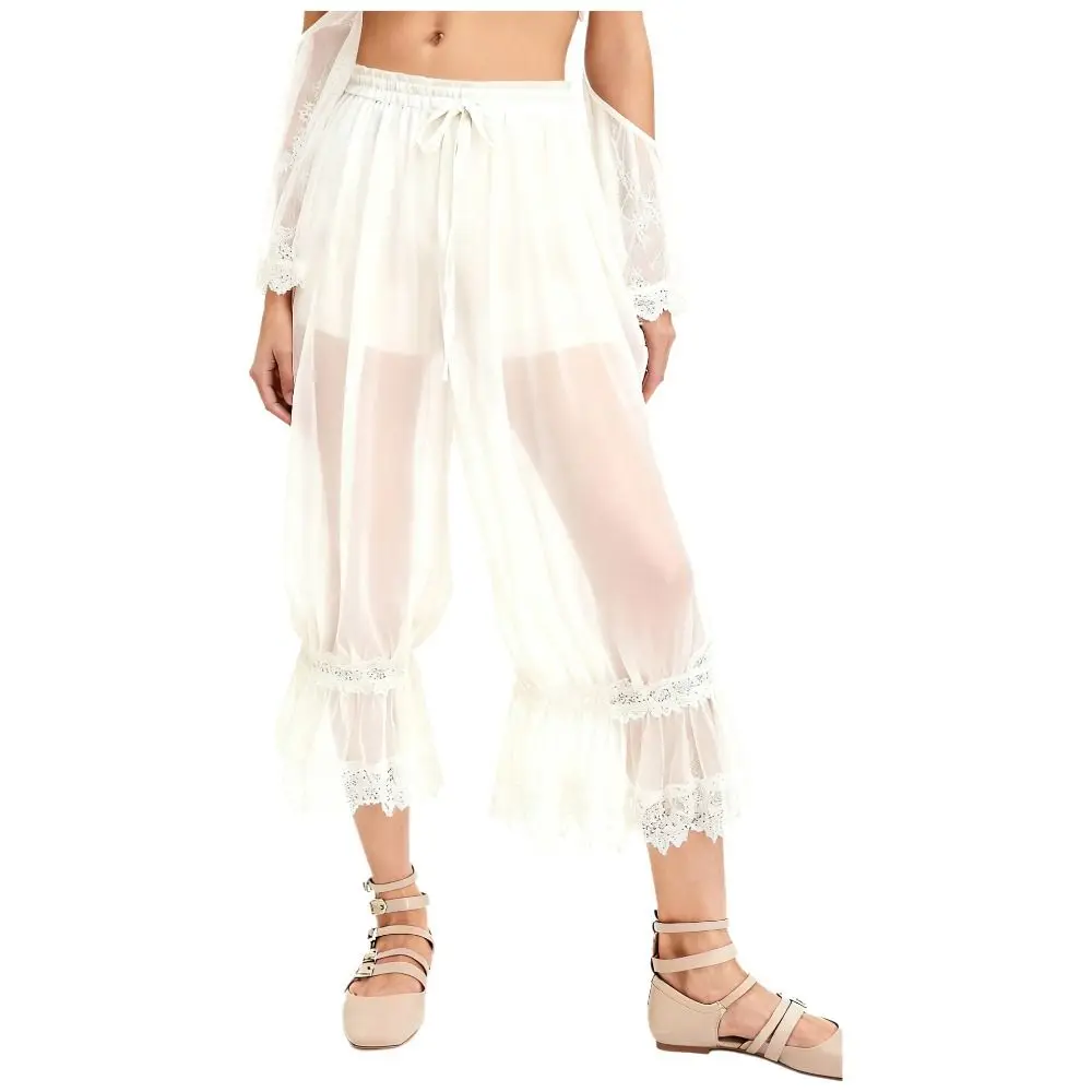 Fashionable Sheer Mesh Bloomer Pants Loose Fit High Waist Cropped Pants Calf-Length Lace Patchwork Lantern Trousers Summer Wear