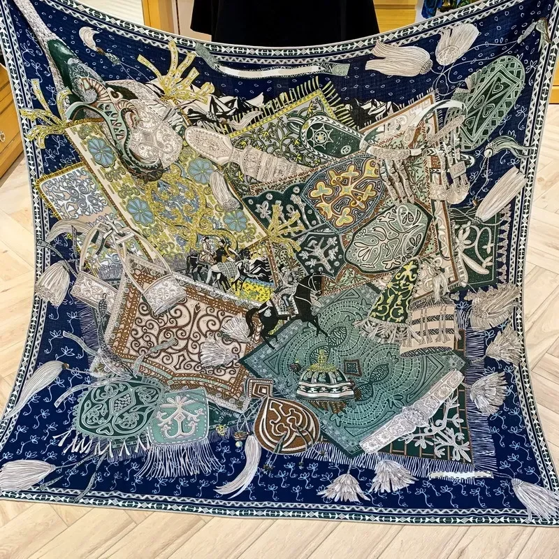 High-end Elegant Women Exquisite Caucasian Knight Print Quality Silk Wool Hand-rolled Edge Warm Soft Large Square Scarf Shawl