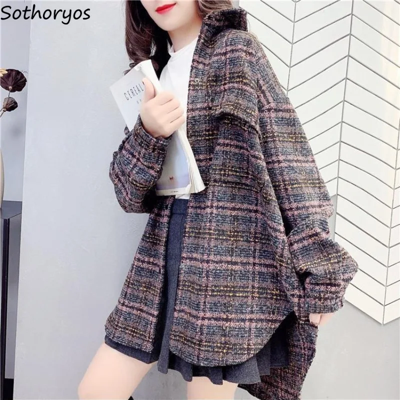 

Thicker Blends Women Baggy Casual All-match Plaid Warm Vintage Wool Coats High Street Korean Fashion Streetwear Outwear Chic