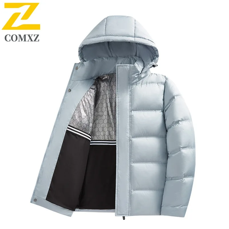 COMXZ Men Winter Down Jacket Hooded Outdoor Ski Thickened Warm Parka Cold Weather Windproof Fashion graphene Puffer Jacket 2025