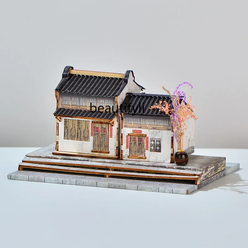 

Hand-assembled wooden small house architectural model Jiangnan water town DIY hut antique scene