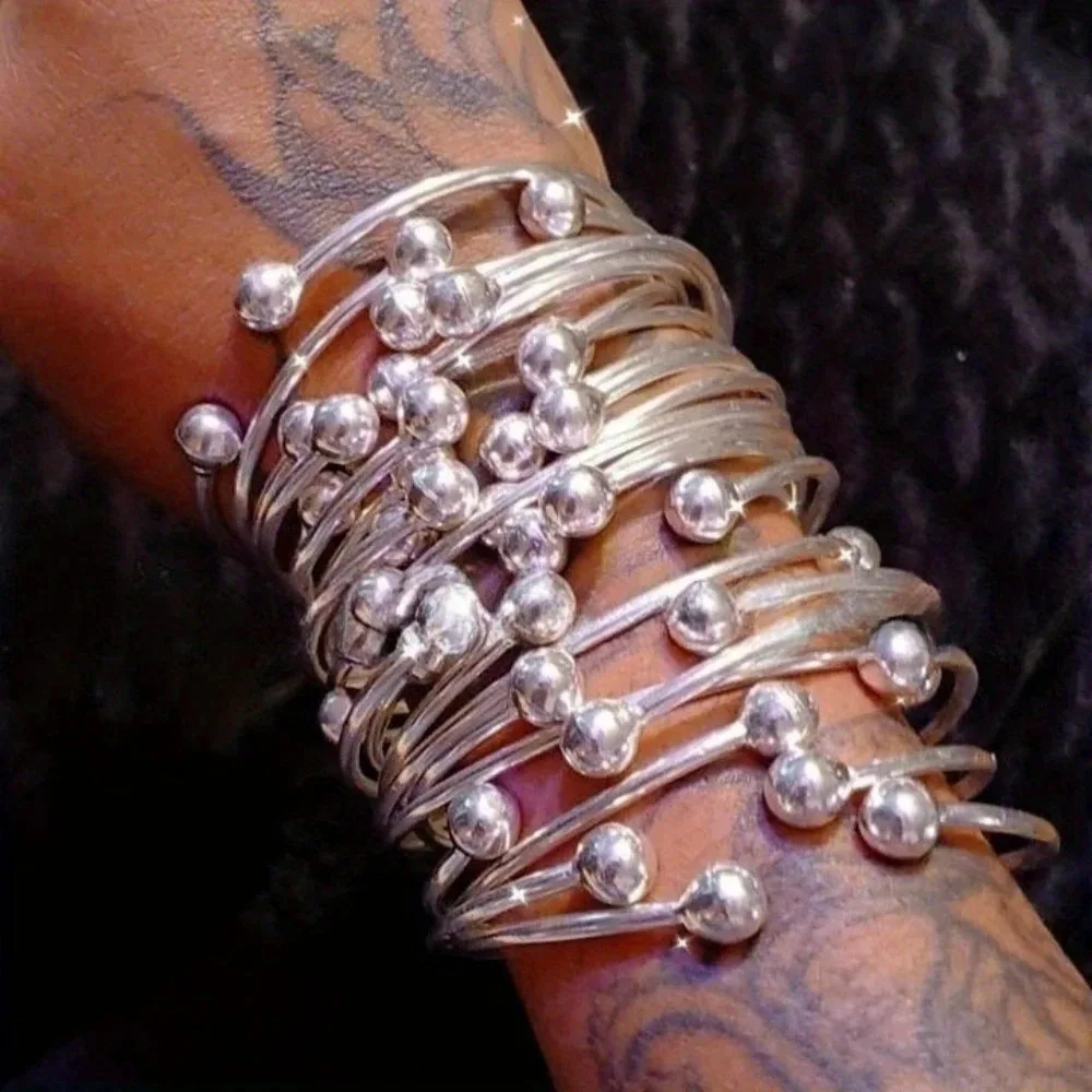 Silver Multi Layer Bead Wrap Bangle Adjustable Twisted Metal Cuff Bracelet Bohemian Stackable Jewelry For Women