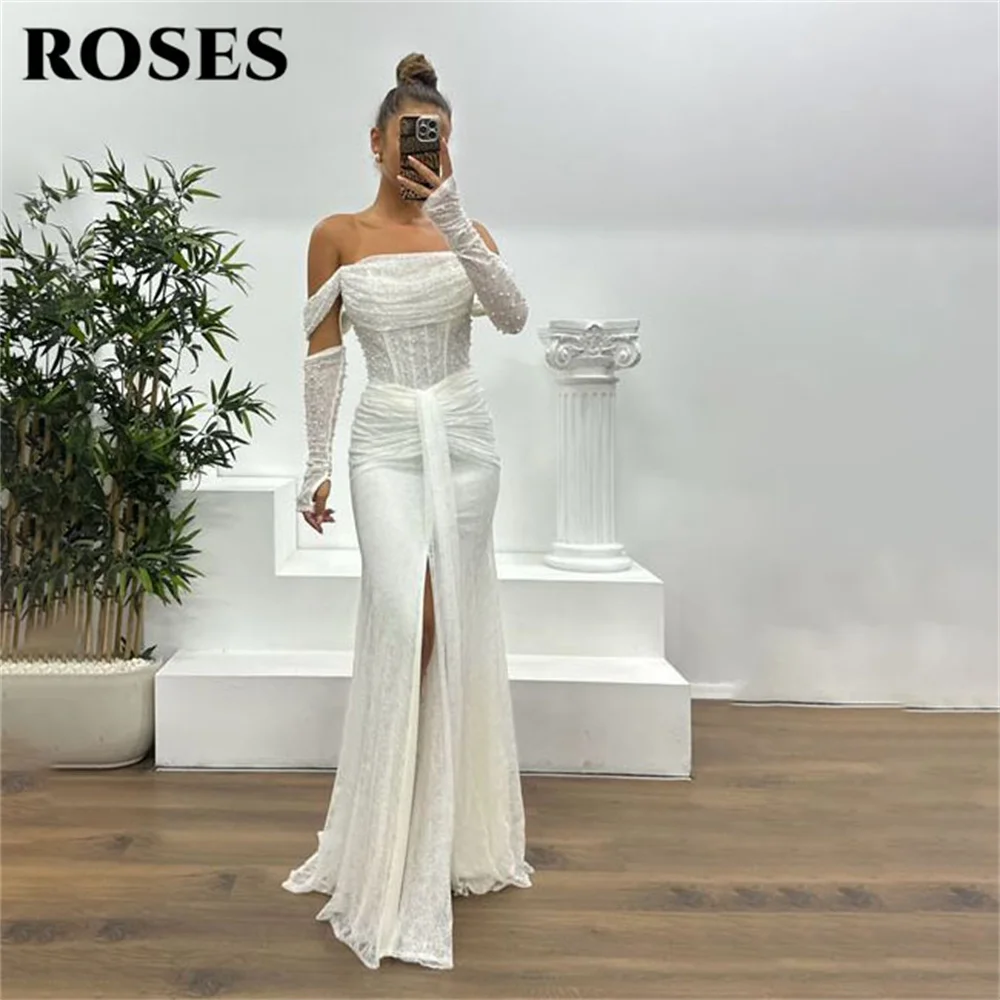 

Белое кружевное вечернее платье с высоким разрезом и открытыми плечами, элегантное платье для торжественных мероприятий, расшитое пайетками и бисером, фасон «русалка», на заказ