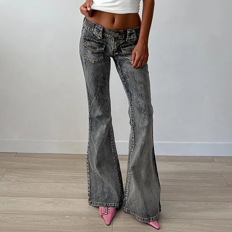 

American Spicy Girl Low Waist Worn Grey Jeans Women's Slim Fit Slim Long Pants Casual Pants