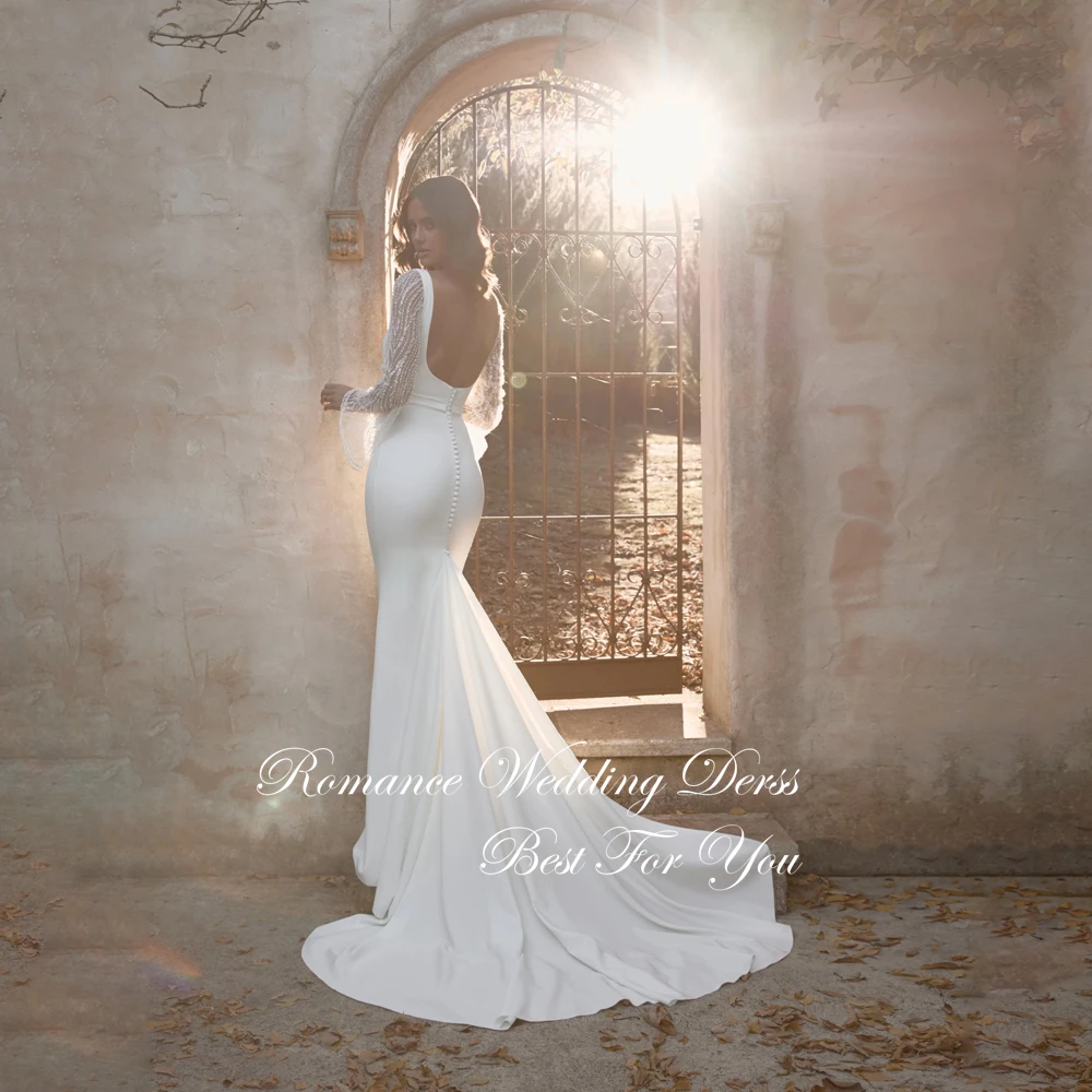 Elegancka suknia ślubna typu syrena z kwadratowym dekoltem, koronkowymi długimi rękawami, odkrytymi plecami i trenem zamiatającym, suknia ślubna Vestidos De Novia, możliwość personalizacji.