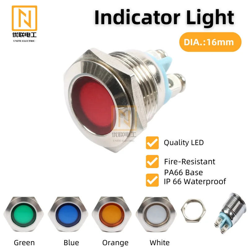 Luz indicadora LED de Metal impermeable para coche, camión, Moter, pies de tornillo, diámetro de 16mm, Uniteelec-10Pcs/lote