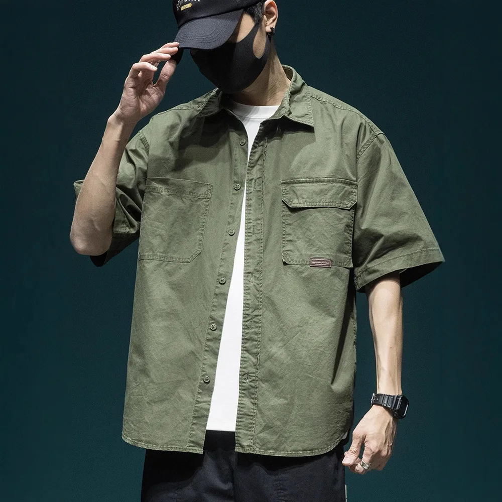 2025 Japanese Retro Heavy Wash Short-sleeved Shirt Men's Tops Summer American Loose Workwear