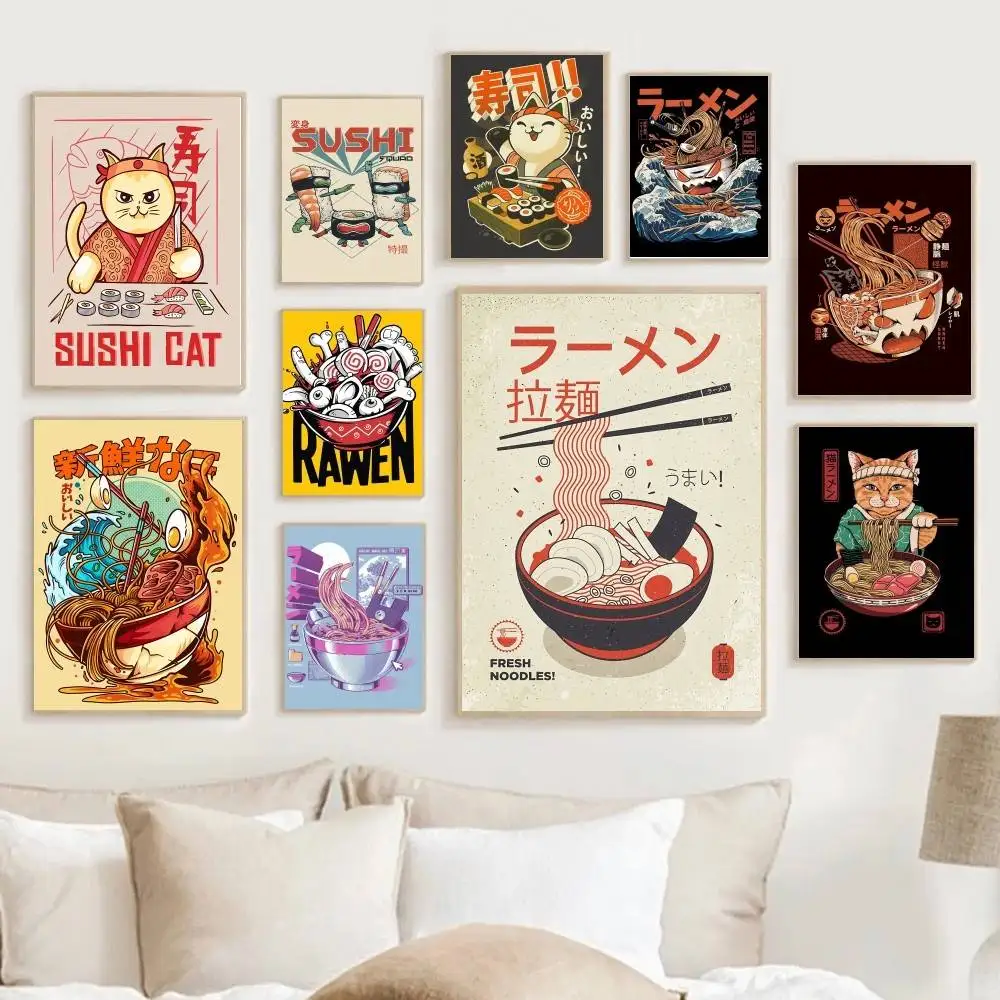 Japanese Food Sushi Cat Funny Ramen Noodles Poster Self-adhesive Art Waterproof Paper Sticker Coffee House Bar Room Wall Decor