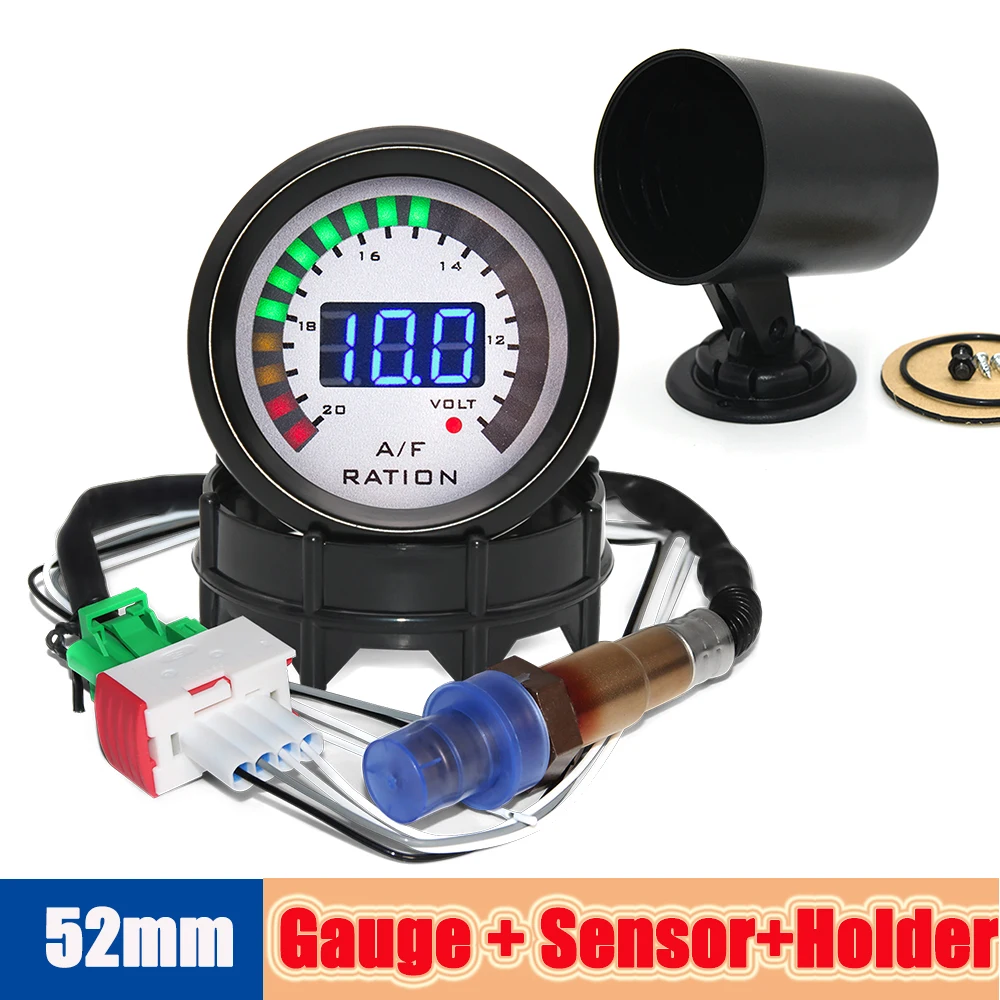 New 52mm Digital AFR Air Fuel Ratio Gauge for Gasoline Car OEM:0258006028 12V Voltmeter Voltage Meter with Sensor Black Holder