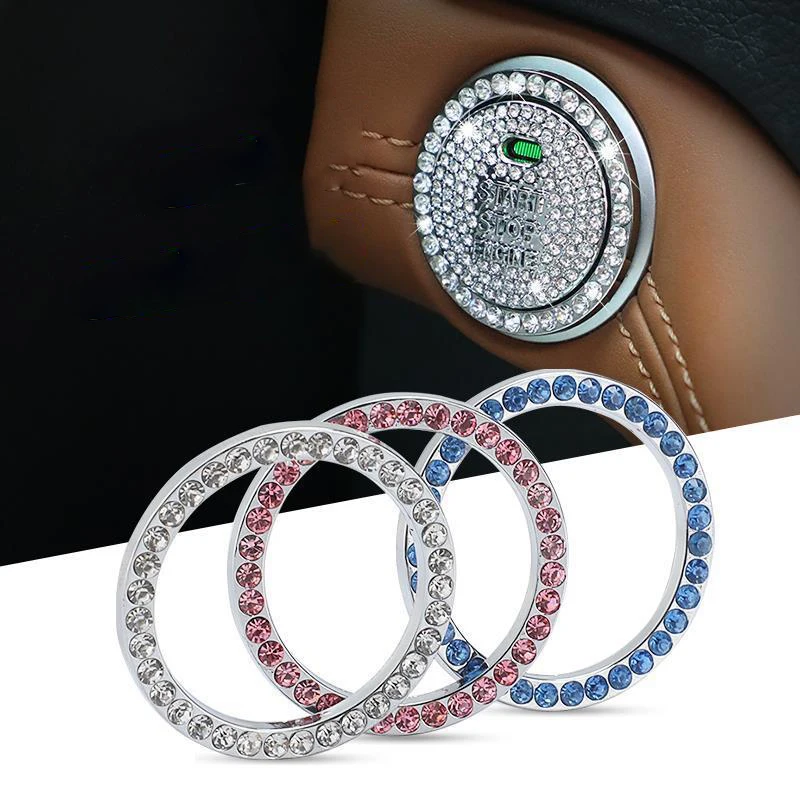 

One Car Key Start Button Decoration Ring Diamond Rhinestone Circle Engine One Click Start Stop Switch Ring Interior Parts