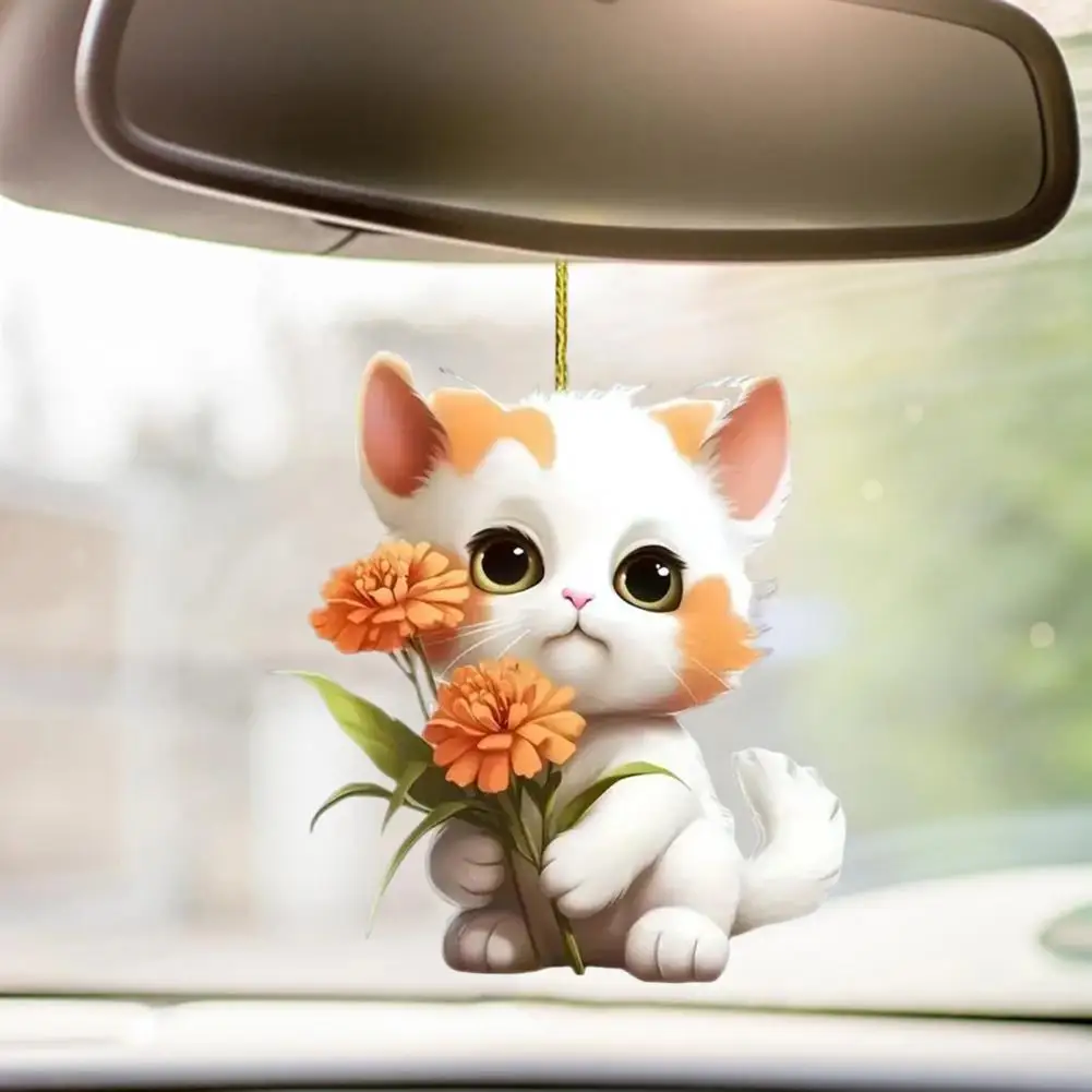 Flower Cat Pendant Car Rearview Mirror Charm Acrylic Christmas Tree Hanging Ornament Cartoon Kitten Home Car Interior Decoration