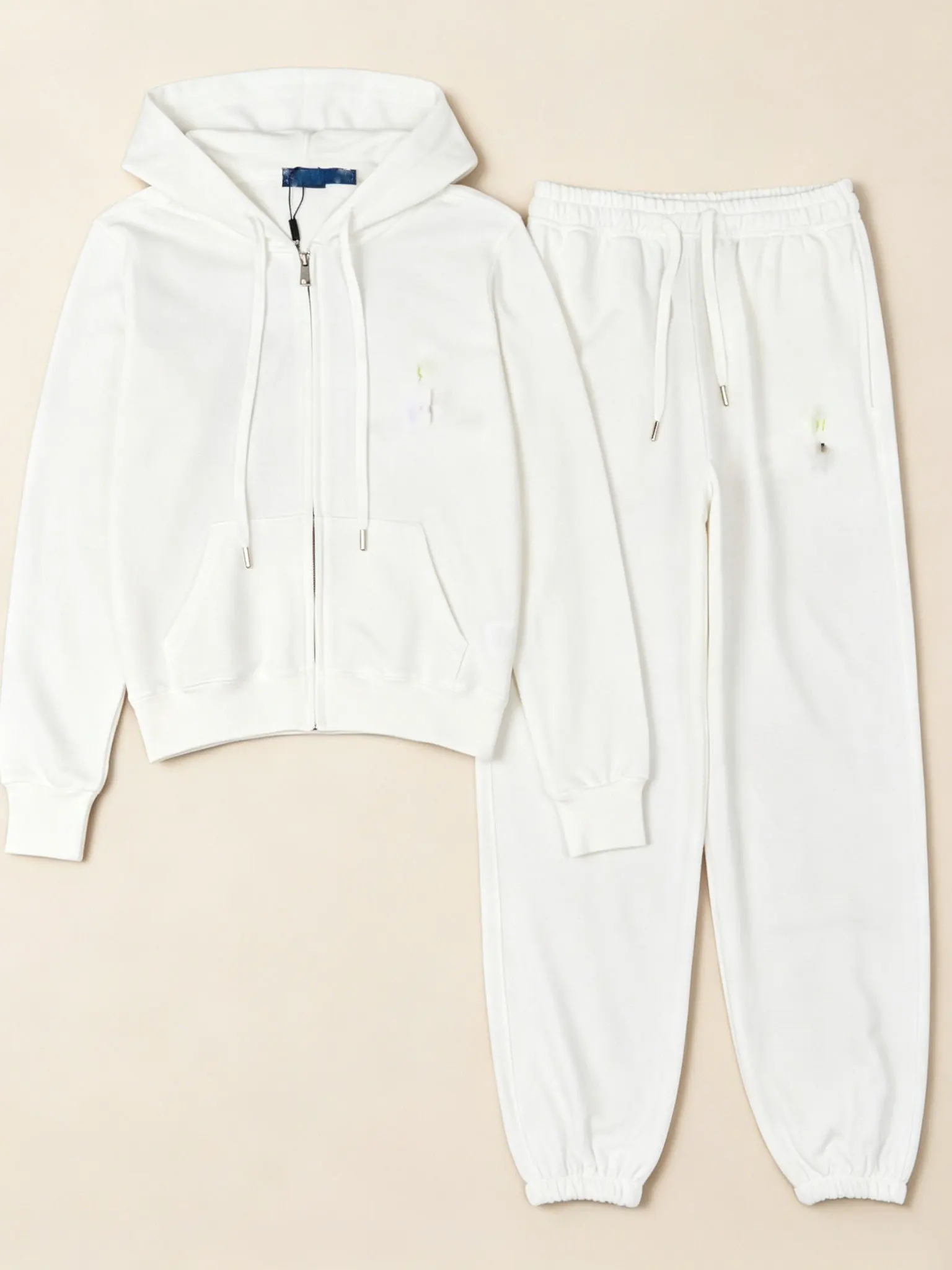 Ladies Casual Sports Hoodie Set White Zipper Open Cardigan Elastic Waist Sweatpants Two Piece Set Embroidered Comfortable Bre...