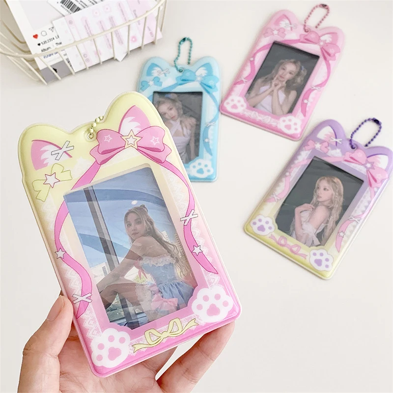 Cartoon Cat Ears 3-inch Photocard Holder Kawaii Idol Photo Protective Case Id Card Cover Storage Pendant Keychain Card Holder