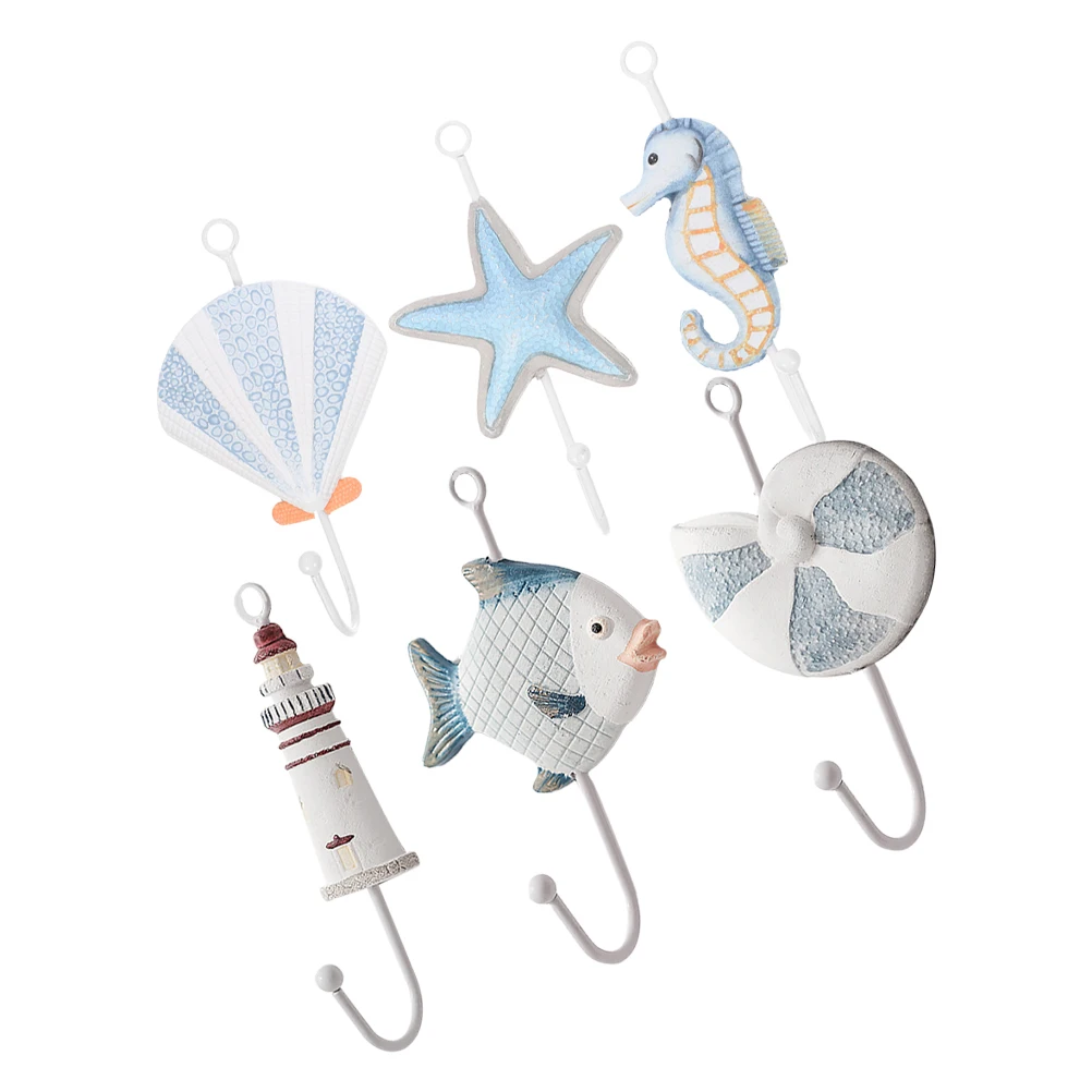 

6pcs Mediterranean Style Wall Resin Coat Hangers Decorative Towel For Bathroom Bedroom Living Room Ocean Theme Garment Hooks