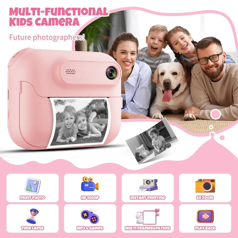 Fotocamera con stampa istantanea per bambini, fotocamera per bambini per fotocamera digitale HD 1080P da 5-1, 32 MP con 3 rotoli di carta per stampante
