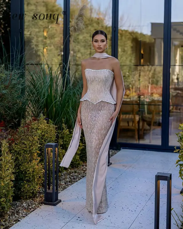 Modest Pink Glitter Two-Piece Set Evening Dresses Customized Crystals Strapless Solid Color Floor Length Long Wedding Party Gown