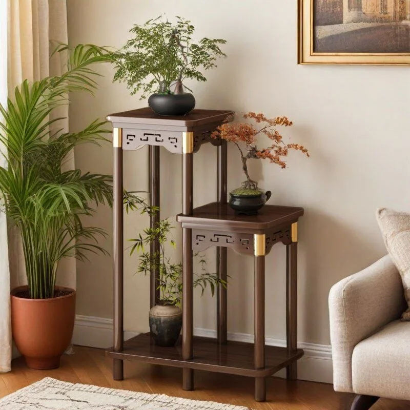 Chinese Style Floor Plant Stand - Multi-Tier Indoor Flower Pot Shelf, Solid Wood Display Rack for Living Room Garden Decor