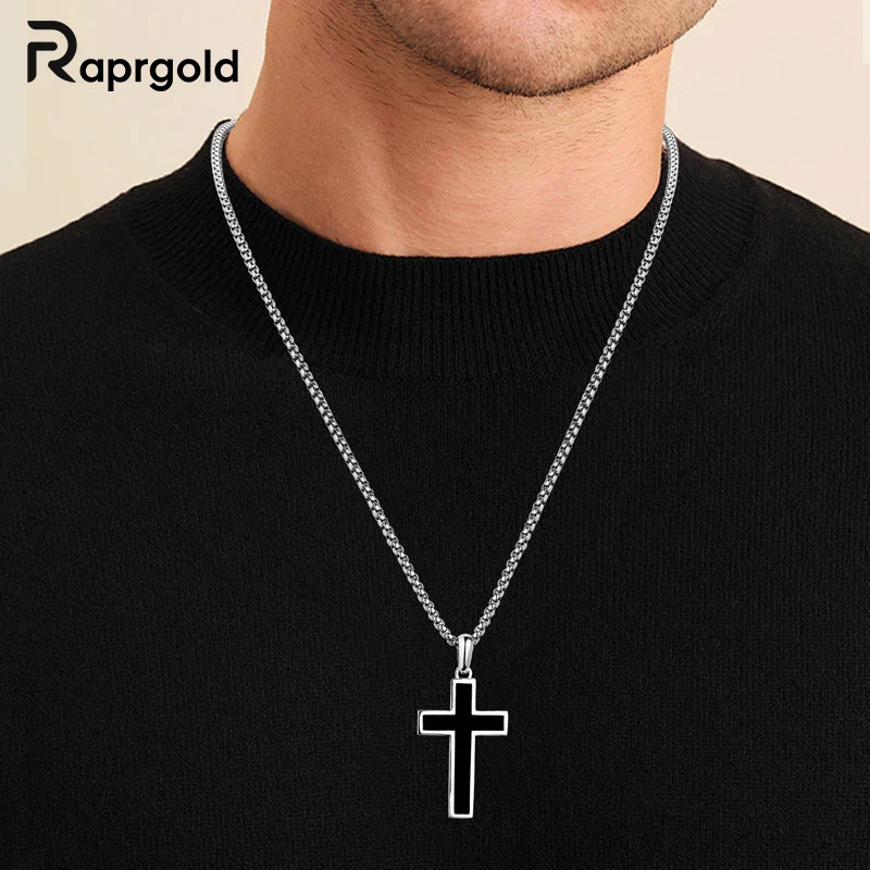 

RAPRGOLD стерлингового серебра 925 пробы, черная эмаль, кулон с крестом, ожерелье для мужчин и женщин, цепочка из нержавеющей стали, ювелирные изделия, подарки, воротники