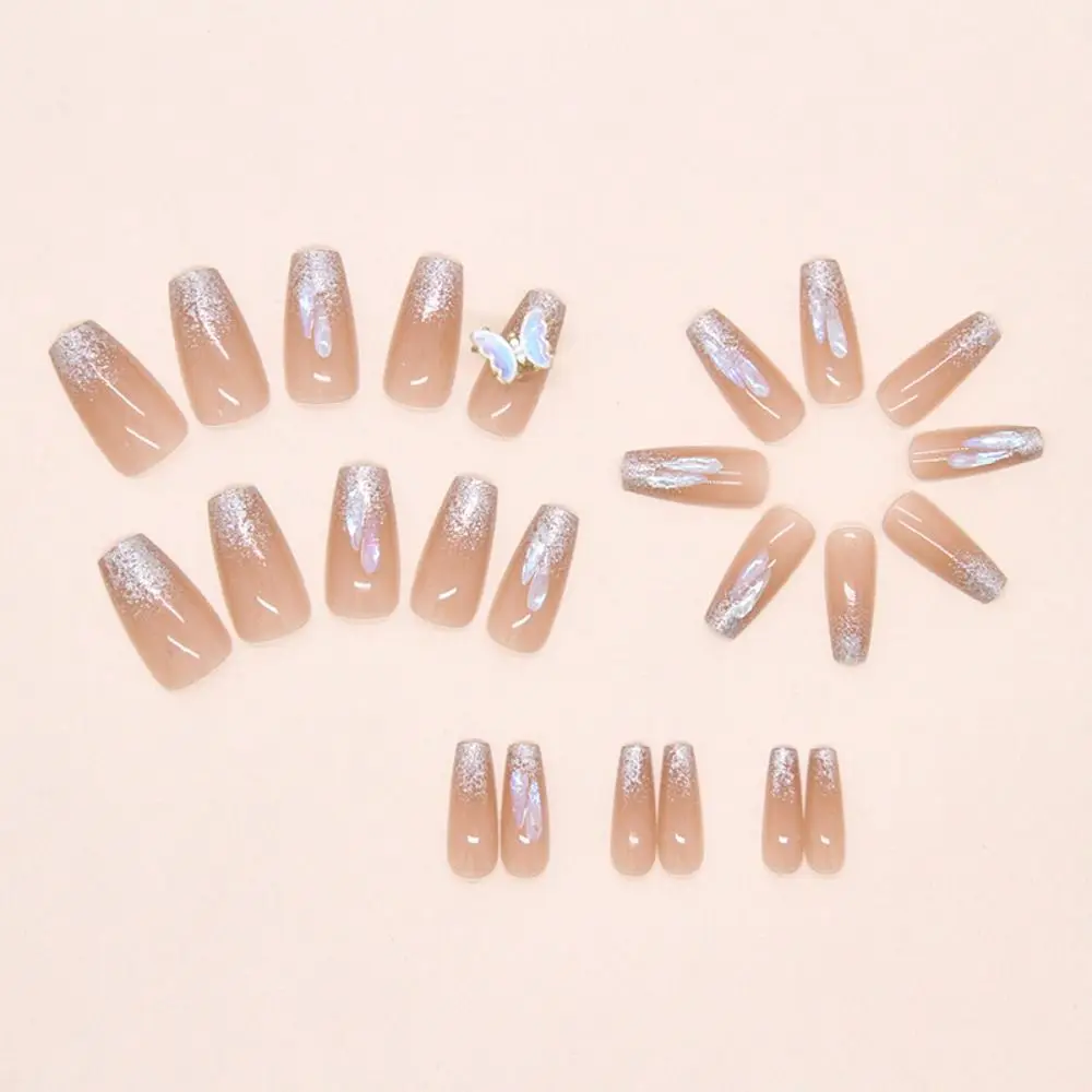 24pcs Detachable Long Ballerina False Nails Exquisite French Fake Nails Full Cover Rotating Sparkling Butterfly Nail Tips DIY