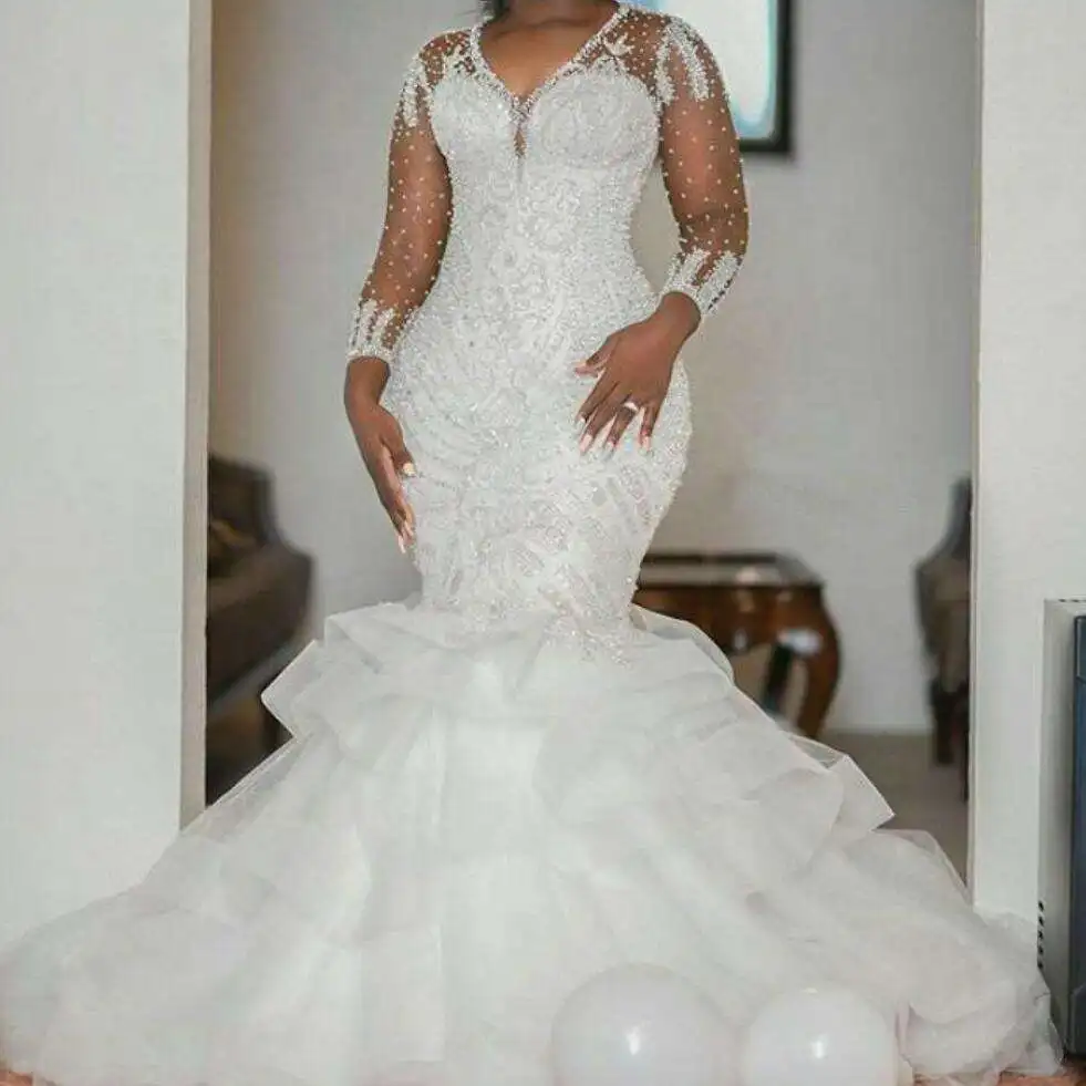 Customized Sexy South African Mermaid Wedding Dresses Heavy Beaded Long Sleeve Layered Skirt Plus Size V Neck Wedding Dress