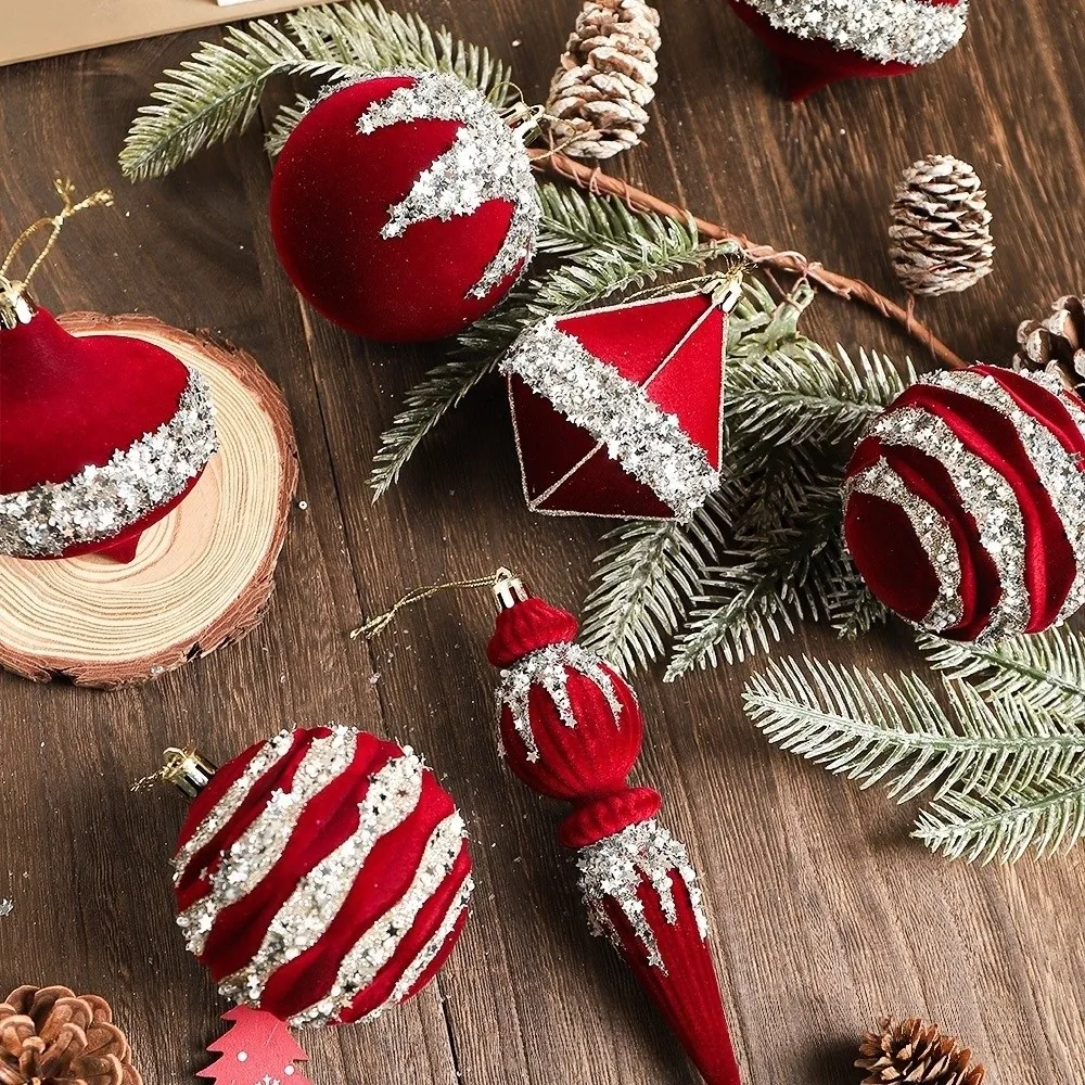 Flocked Christmas Tree Flocking Pendant Kit Glitter Red Christmas Flocked Balls Set Sparkling Plastic Christmas Tree Ornaments 3