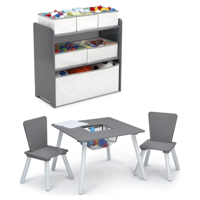 Juego de sala de juegos para niños pequeños, escritorio y silla, gris/Blanco/rosa/blanco, 4 piezas