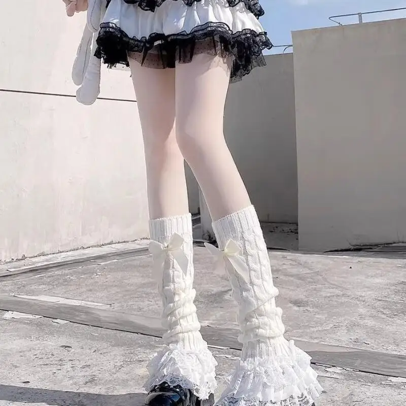 Lolita Lace Ruffle Leg Warmers Women Bow Tie Knit Calf Socks Cute Japanese Style Mid Calf Slim Fit Boot Socks Kawaii Accessories image 4