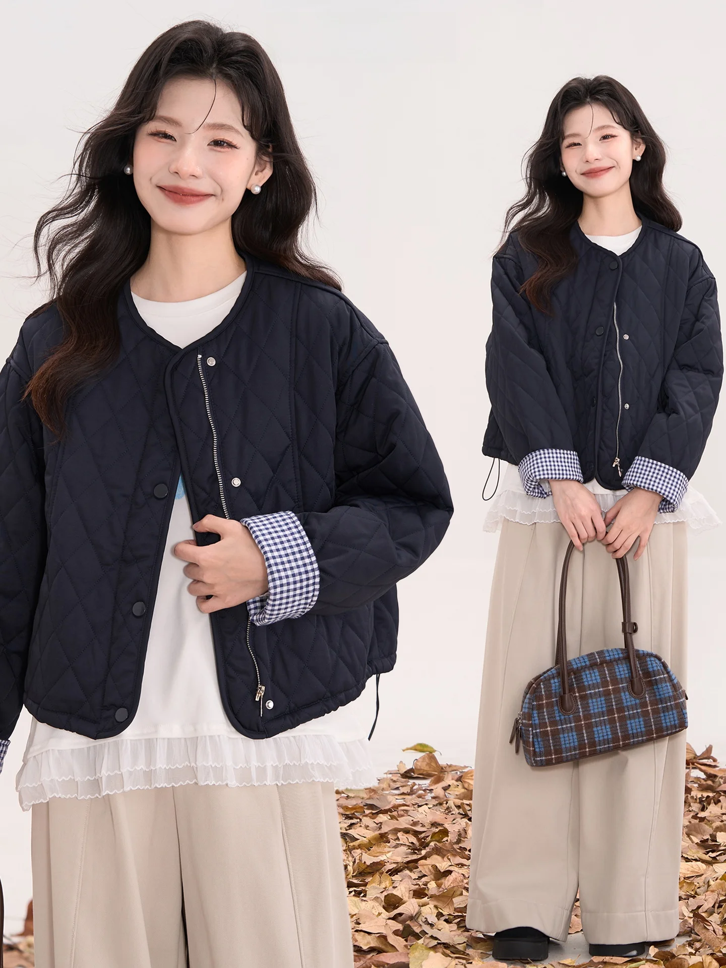 

Handwritten Love Letter Pattern Women's Cotton Jacket round Neckline All-Match Outerwear Commute Style Thick Long Sleeve