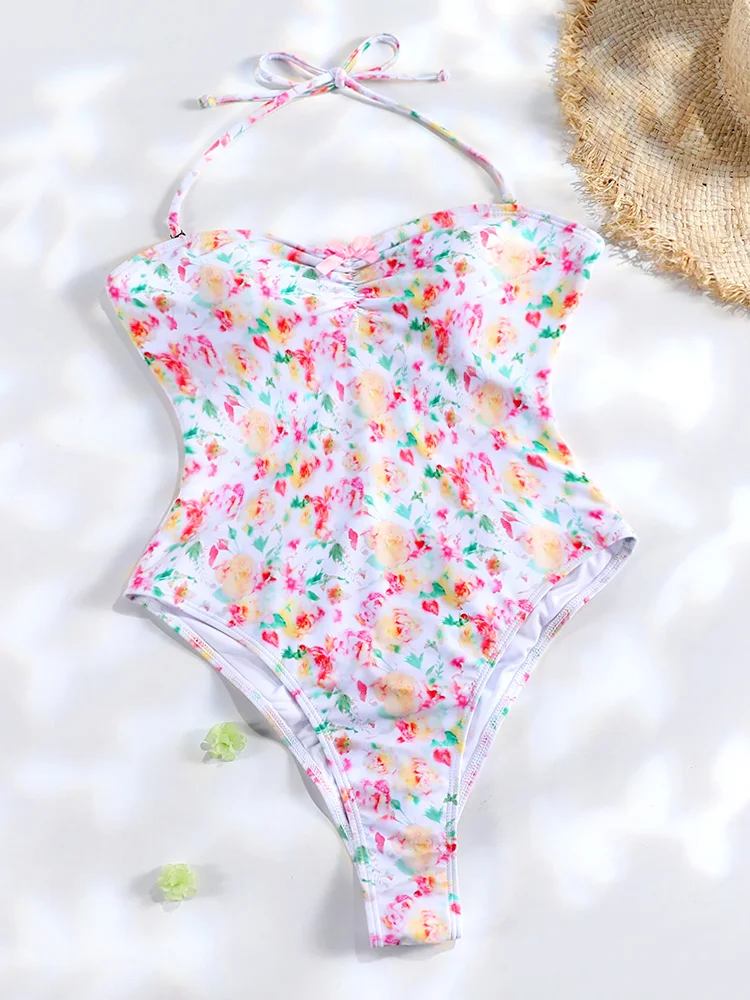 ZRTAK Floral Print Bandeau Monokini One Piece Swimsuit Female Knot Brazilian Style Swimwear 2025 Trendy Beachwear Bathing Suit