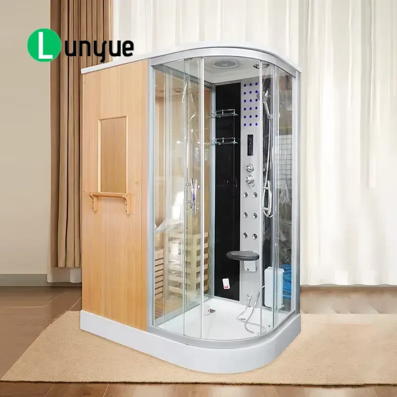 Smart Hinge Open Frameless Curved Glass Door for Korean Dry Wet Separation Family Steam Room Sauna Bathroom Partition