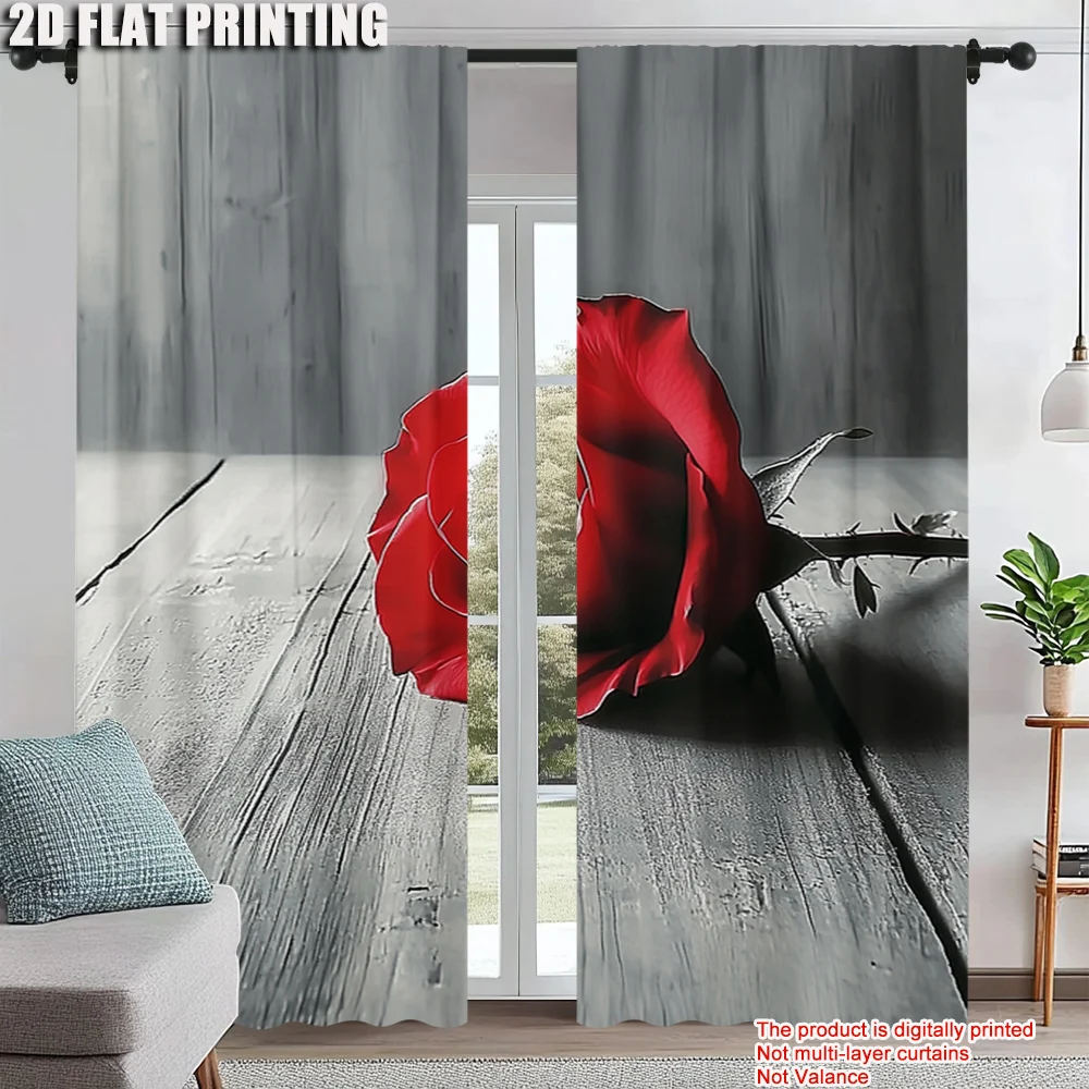 

2Pcs Art Decor Romantic Red Rose Window Curtains Valentine'S Day Dreamy Decorative Drapes Machine Washable For Bedroom And