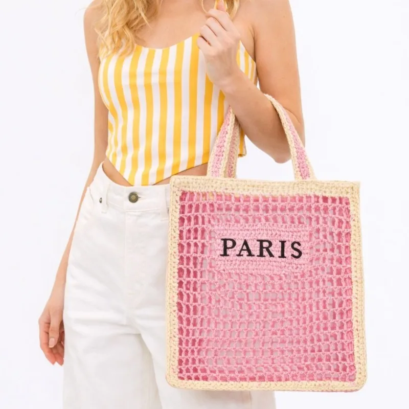 

Летняя модная ажурная сумка-тоут из плетеной соломки с буквенным принтом, повседневная разноцветная сумка для путешествий и отпуска, пляжная сумка через плечо