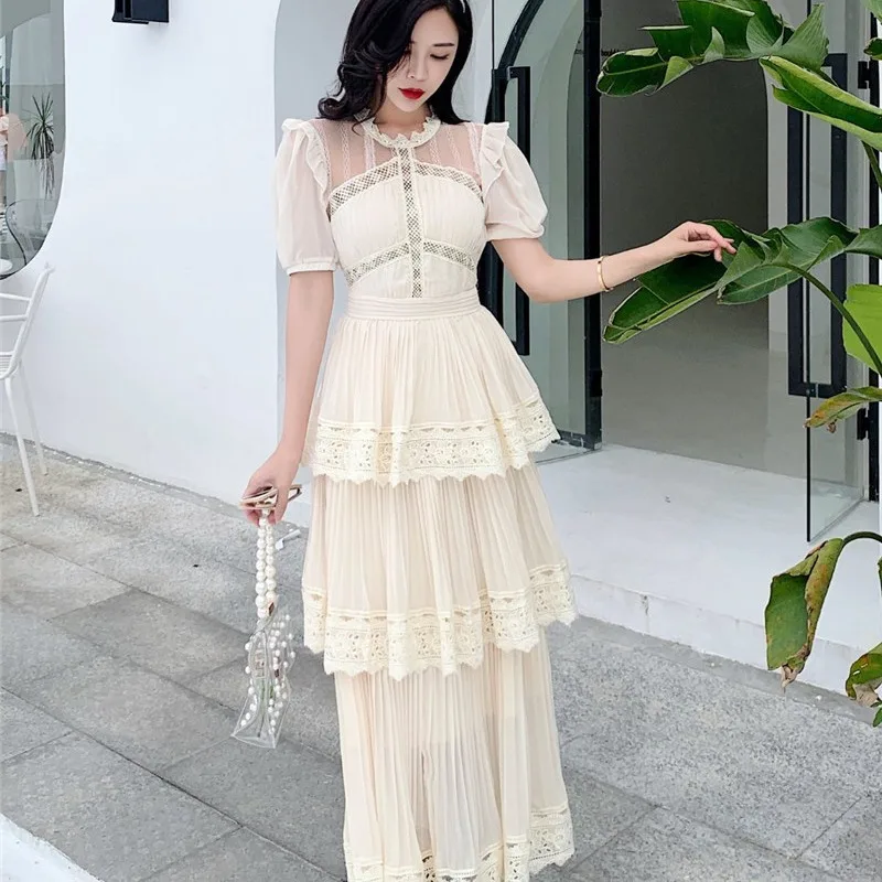 

Women's Summer Dress 2024 Office Lady Patchwork Solid Chiffon Lace Short Sleeve O-Neck Mesh Folds V-Neck Dresses