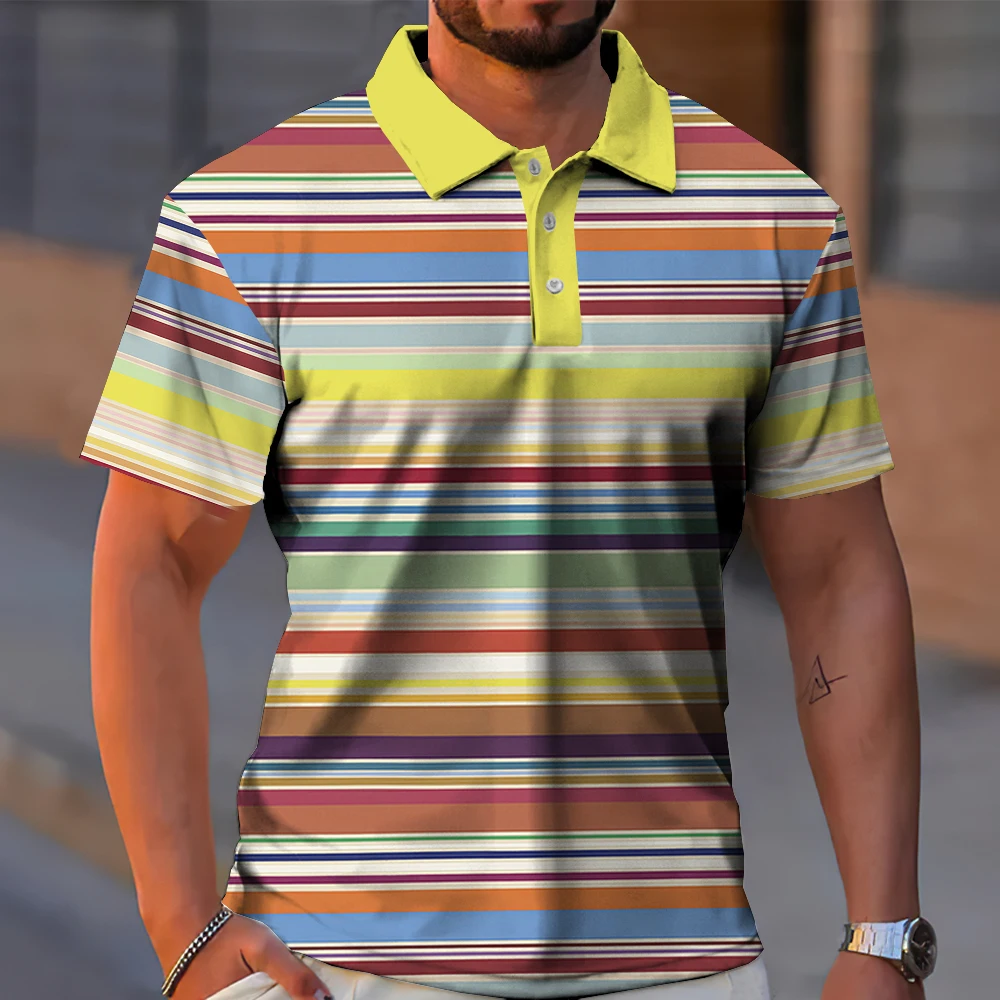 New Striped Men\'s Polo Shirt Summer Casual Short Sleeve T-Shirt For Men Golf Sport Shirts Loose Oversized Polo T-Shirt Top 2024