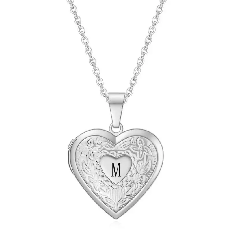 A52E Everlasting Love Heart Photo Pendant Necklace with English Letter Detail, Creative Neckchain Valentine Gift