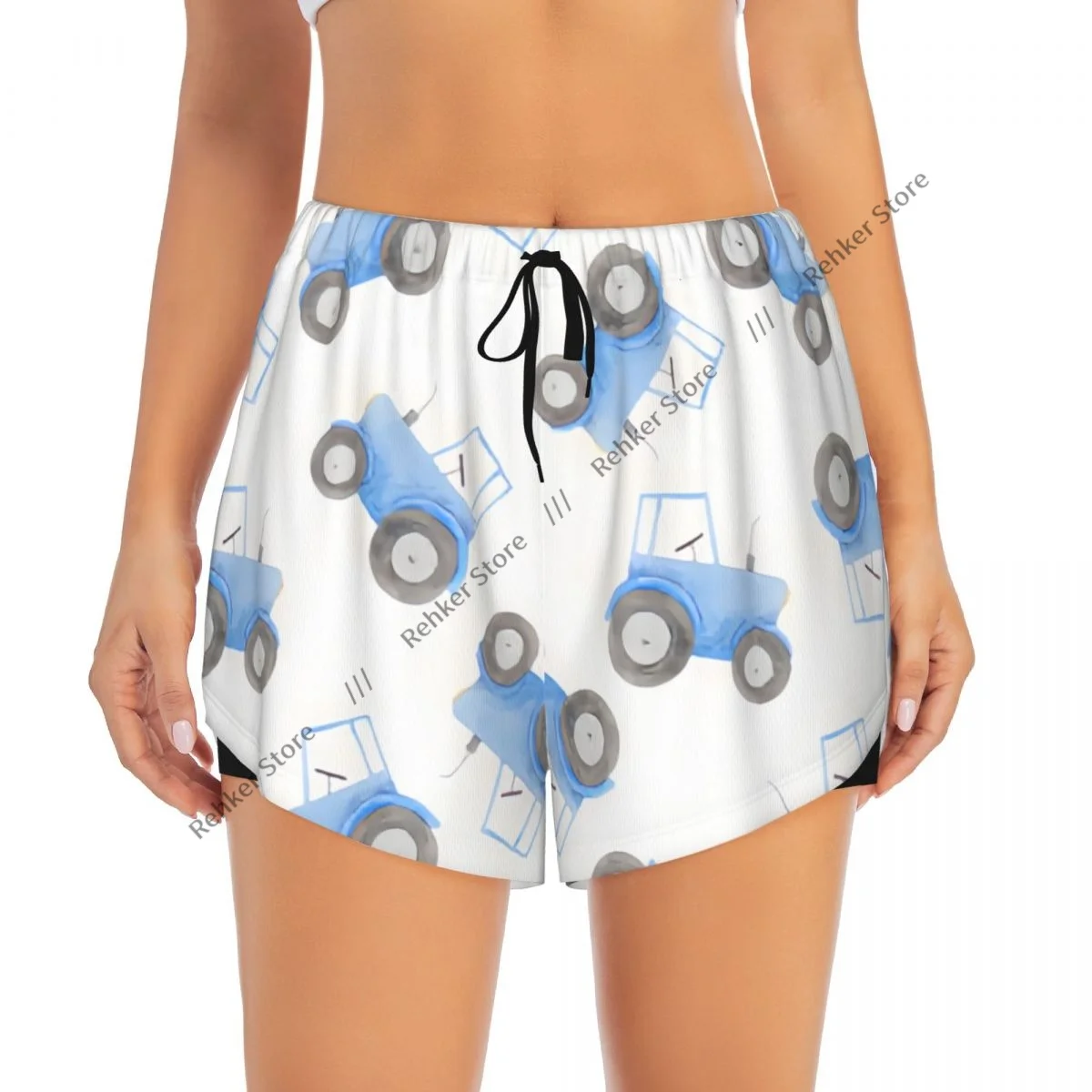 Shorts esportivos femininos ilustração de trator azul corrida yoga fitness treinamento de badminton de secagem rápida com bolso