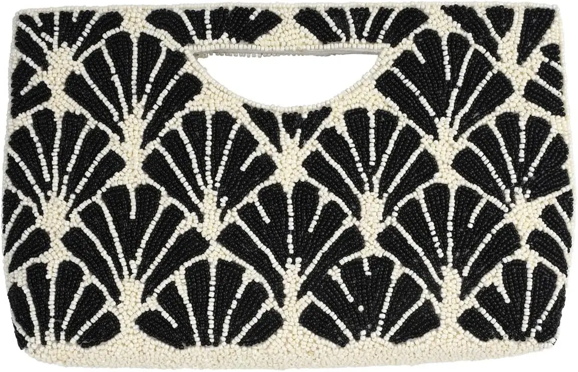 

BTC Beaded Clutch & Shoulder Bag, Black and White, Fan Pattern, 10 x 6 x 2 Inches, Obsidian Half Moon