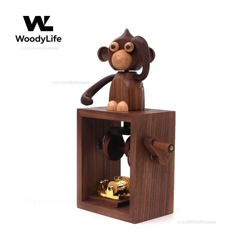 Monkey Hand Crank Music Box Tabletop Ornament Wooden Music Box Home Decoration Graduation Birthday Gift