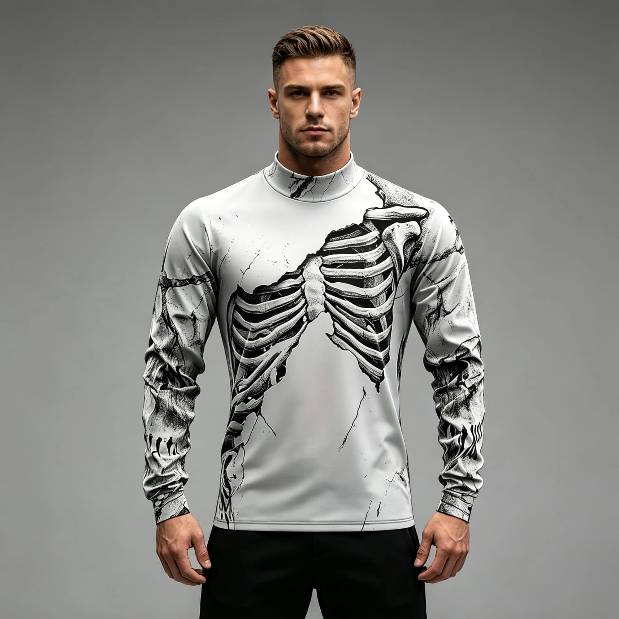 Men Dark Gothic Long Sleeve Pullover Mock Neck Skeleton Bone Crack Effect Print For Halloween Cosplay Party Wear