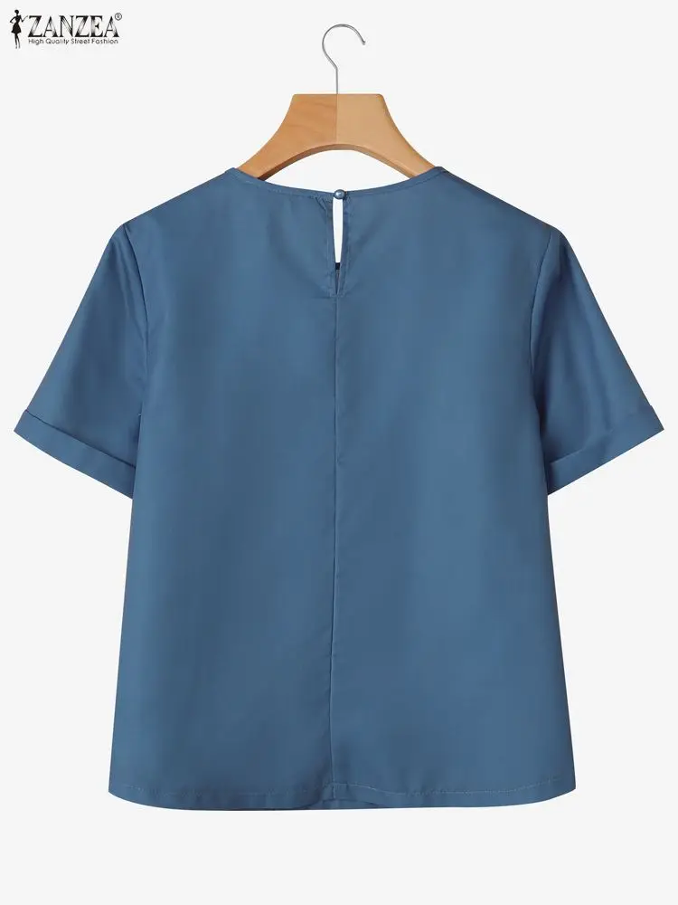 เสื้อผู้หญิง ZANZEA ลายดอกไม้ สำหรับฤดูร้อน สไตล์วินเทจ เหมาะสำหรับใส่ทำงานหรือใส่ลำลอง คอทรงโอ แขนสั้น ติดกระดุม ทรงหลวม