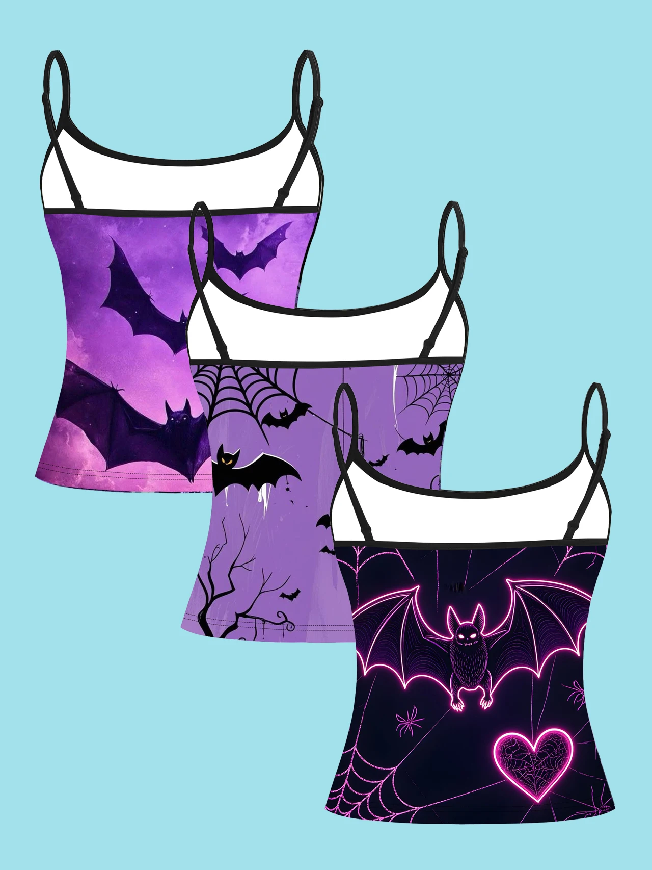 3-Piece Set of Purple Night Bat Print Camisoles, Women's Spaghetti Strap Tank Tops, Dark Spider Web Sweet-Cool Style