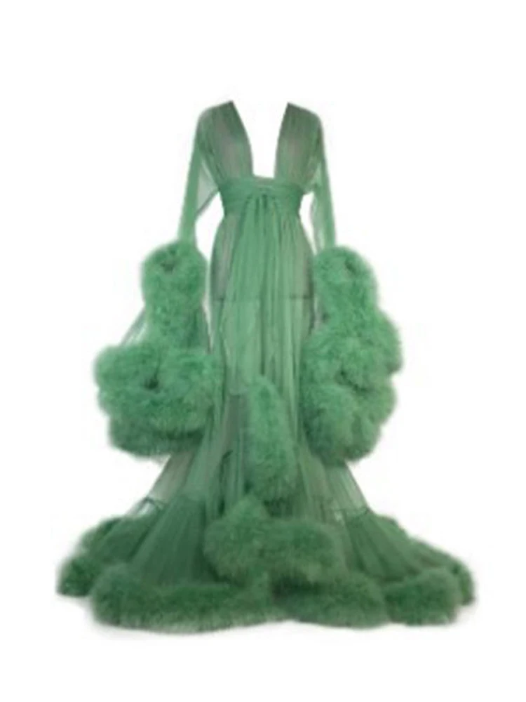 NHKDSASA Fur Nesh Gown Robes Long Nighty Transparent Trim Big Nightgown Robe with Fur Women