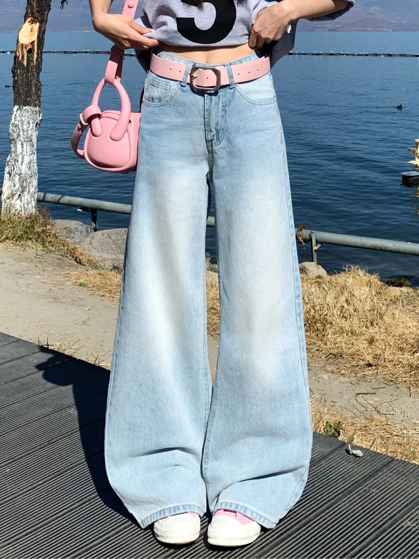 

Light Blue Straight Leg Jeans Women's Belted Wide Leg Long Pants Casual Cotton Button Fastening Four Seasons Universal